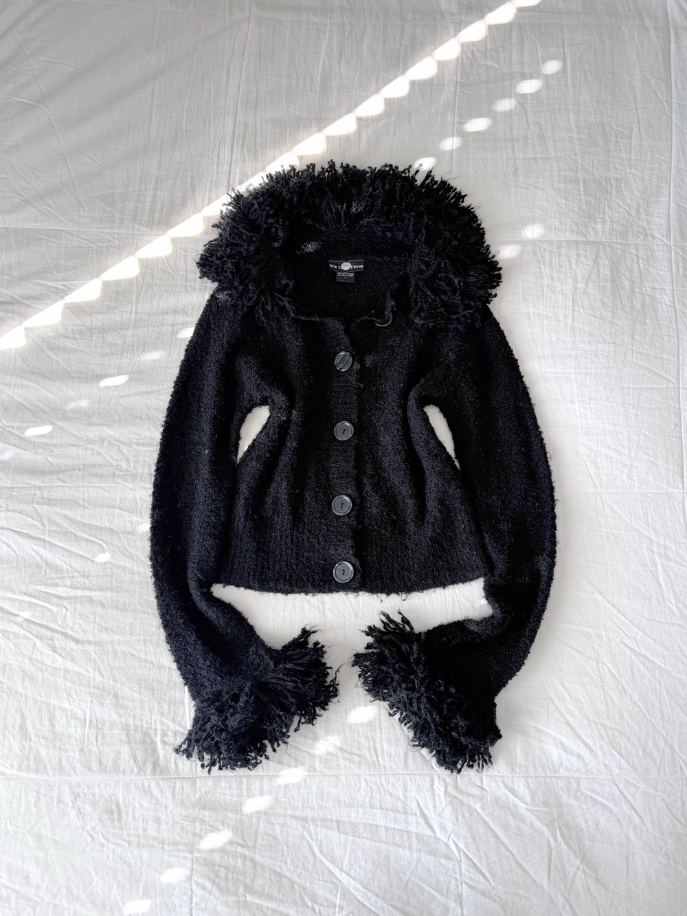 Vintage It’s Our Time Black Shaggy Fringe Button Up Knit Cardigan (Size L)